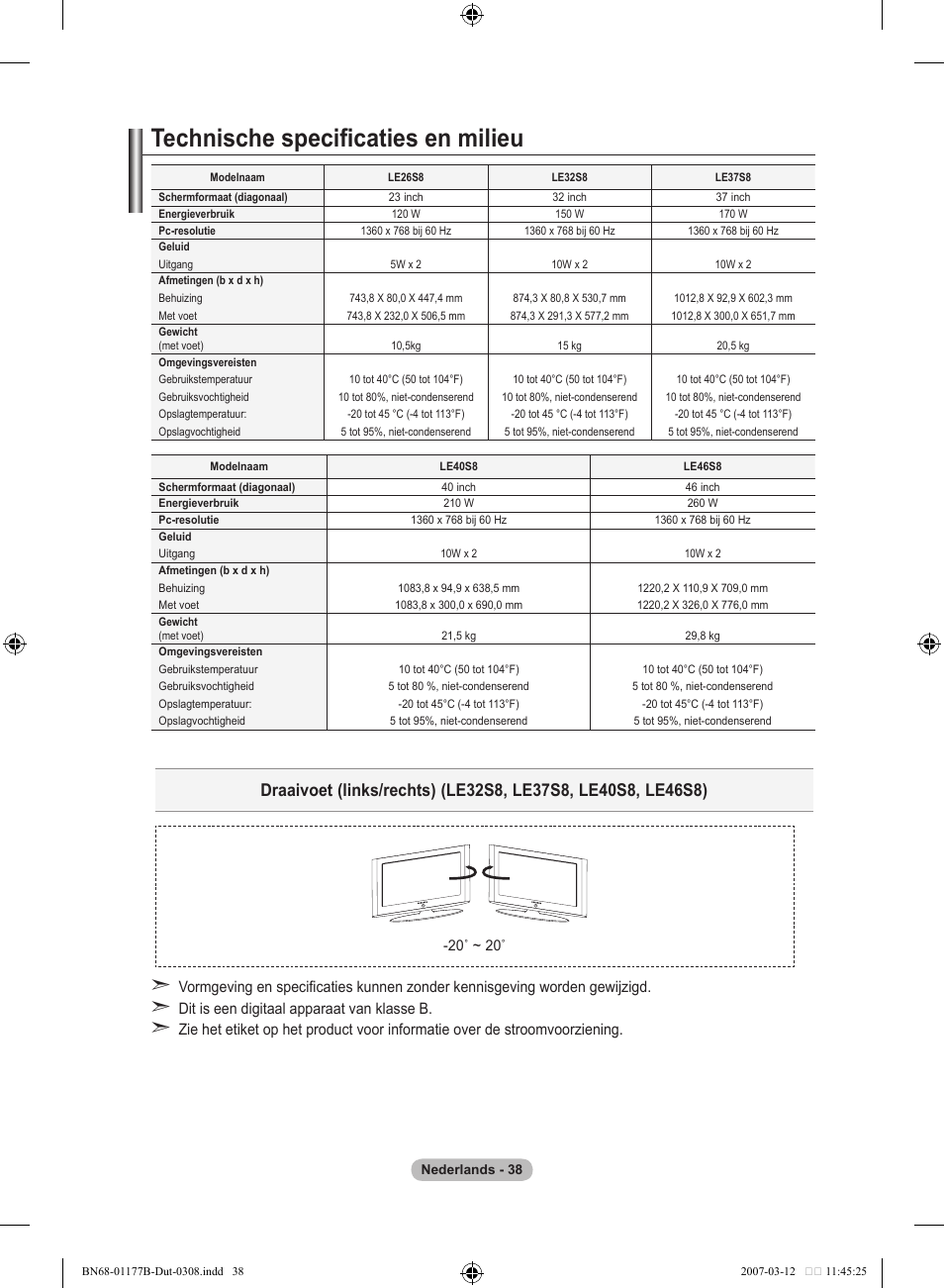 Technische specificaties en milieu | Samsung LE32R81B User Manual | Page 159 / 482