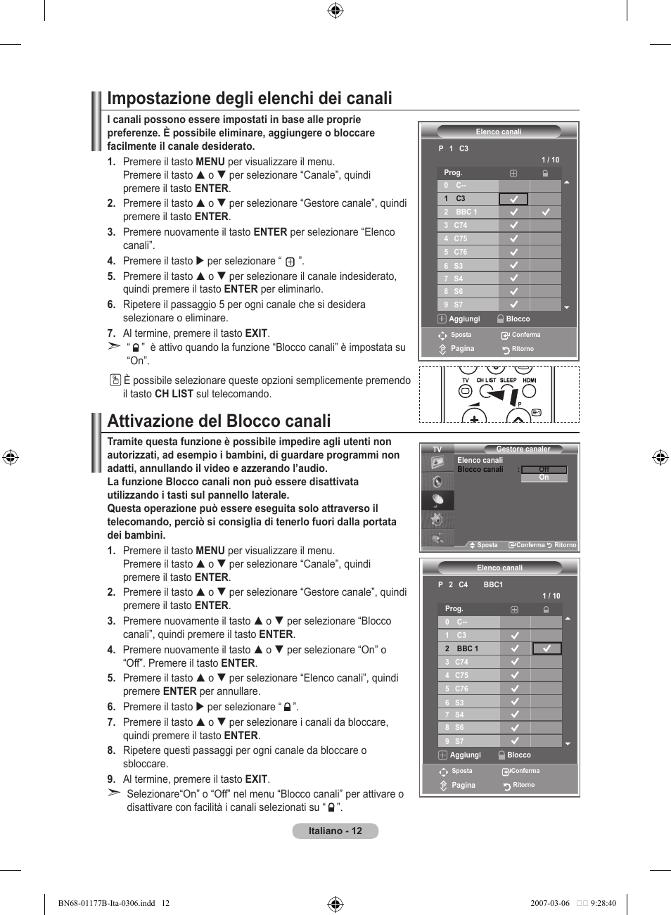 Impostazione degli elenchi dei canali, Attivazione del blocco canali | Samsung LE32R81B User Manual | Page 172 / 482