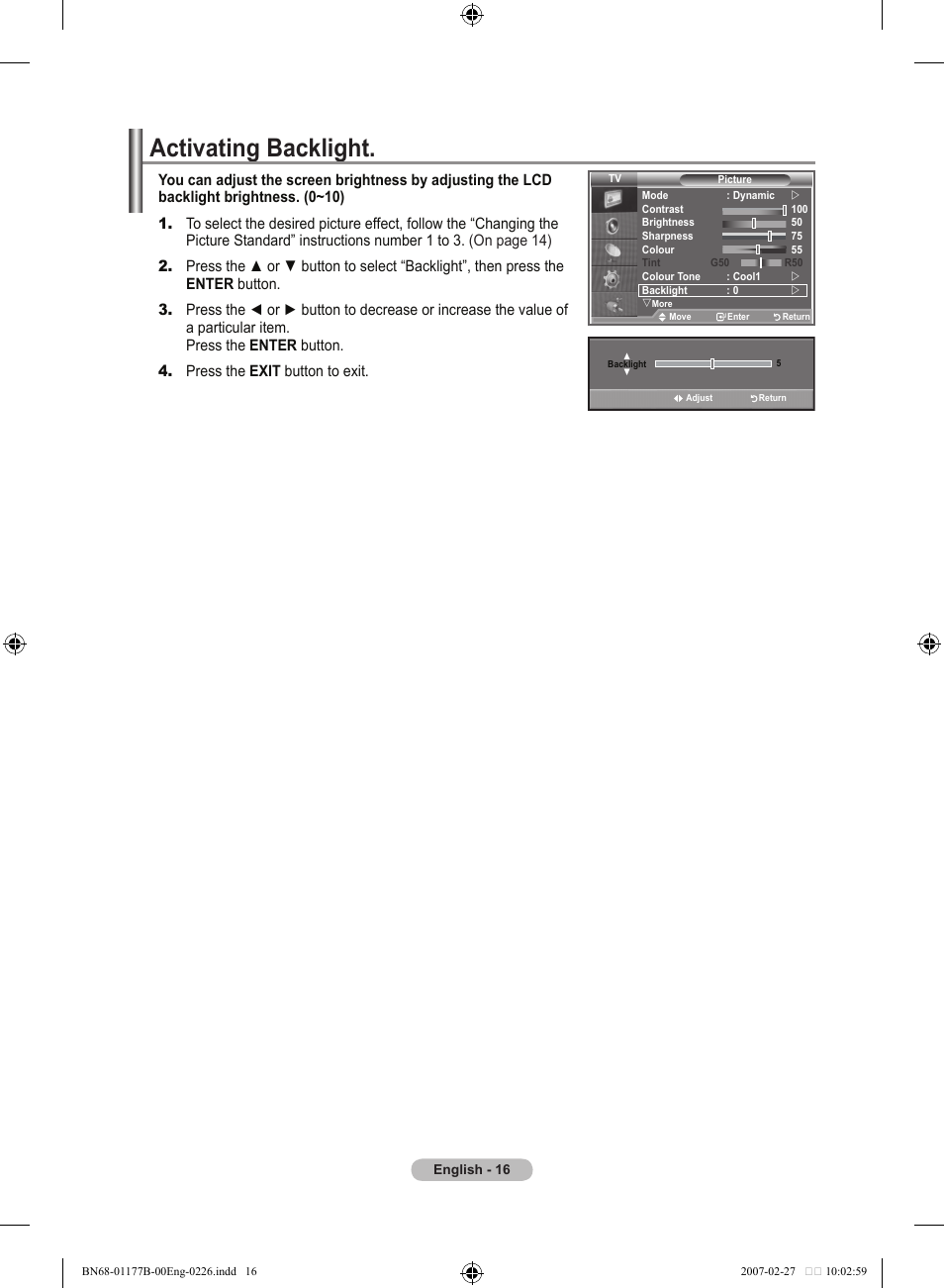 Activating backlight | Samsung LE32R81B User Manual | Page 18 / 482