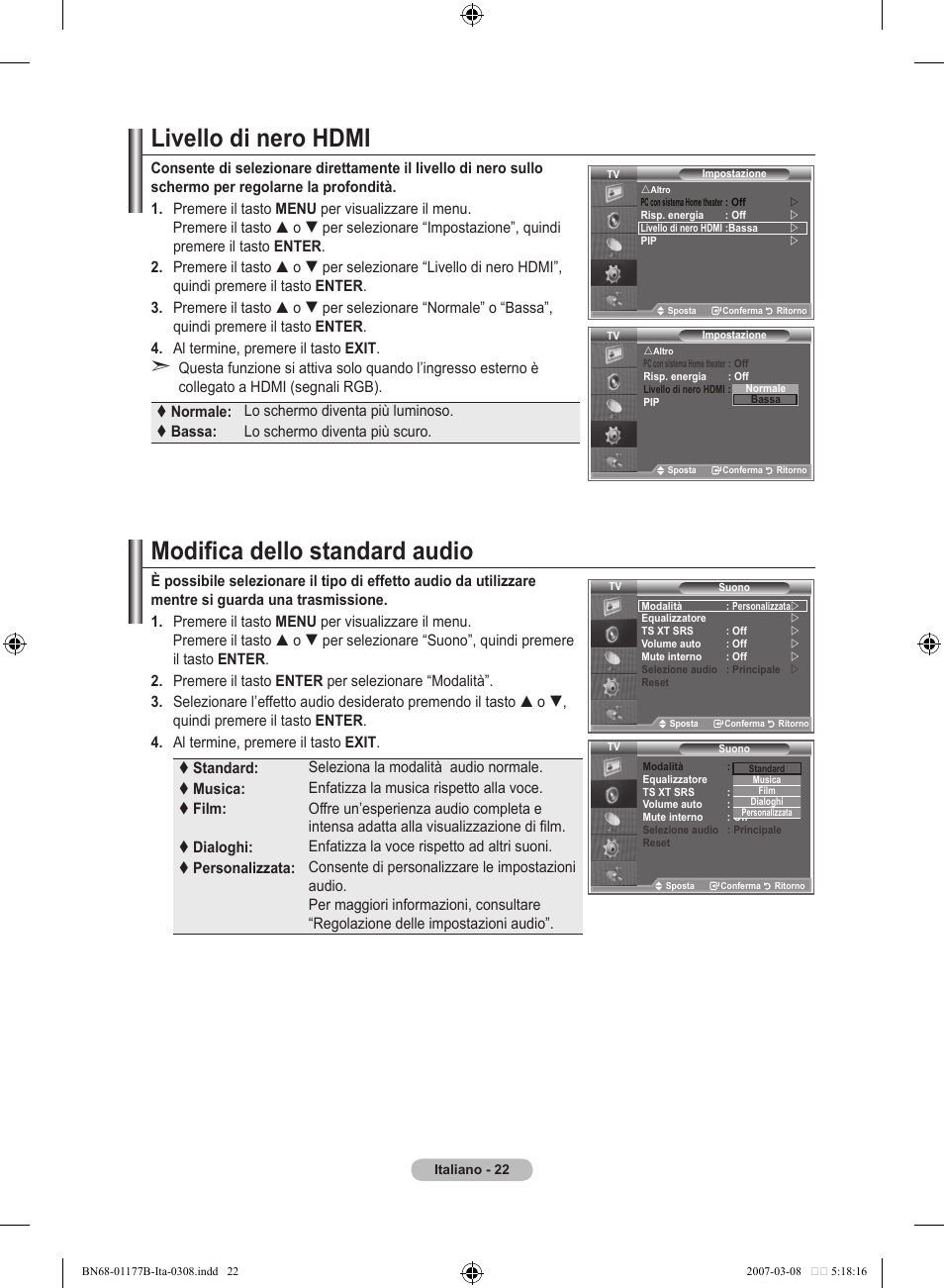 Livello di nero hdmi, Modifica dello standard audio | Samsung LE32R81B User Manual | Page 182 / 482