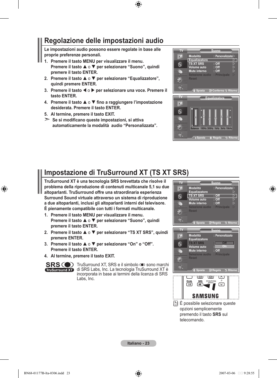 Regolazione delle impostazioni audio, Impostazione di trusurround xt (ts xt srs) | Samsung LE32R81B User Manual | Page 183 / 482