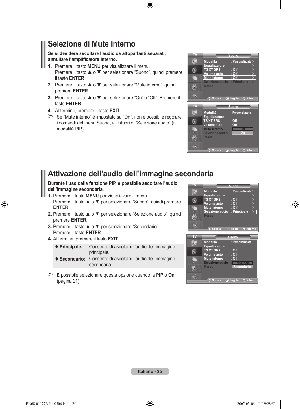 Selezione di mute interno, Attivazione dell’audio dell’immagine secondaria | Samsung LE32R81B User Manual | Page 185 / 482