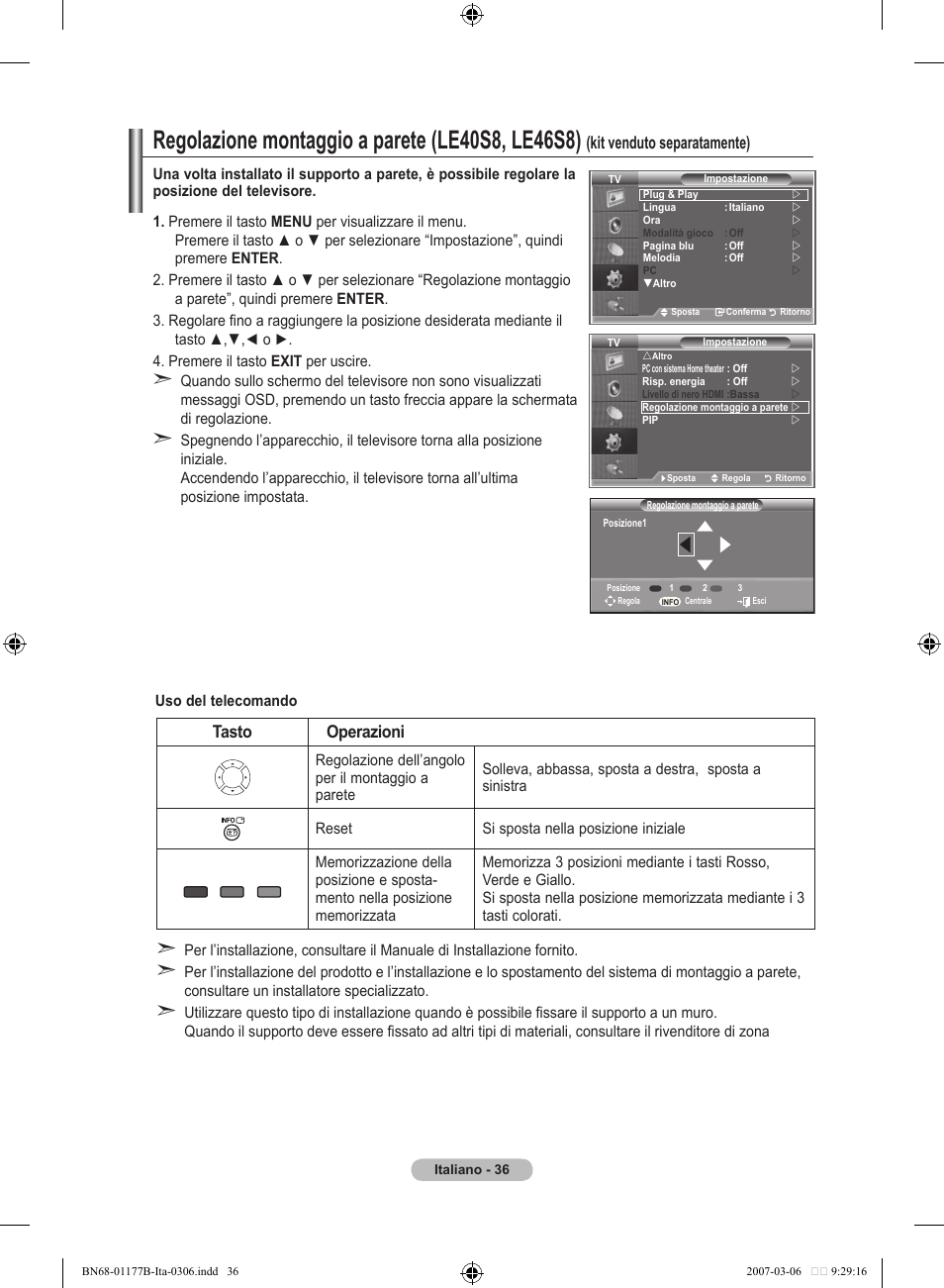 Regolazione montaggio a parete (le0s, les), Tasto operazioni, Kit venduto separatamente) | Samsung LE32R81B User Manual | Page 196 / 482