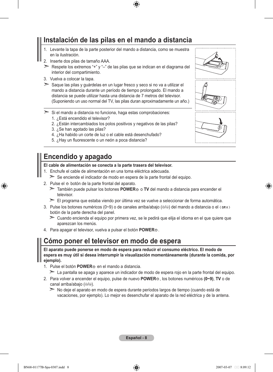 Instalación de las pilas en el mando a distancia, Encendido y apagado, Cómo poner el televisor en modo de espera | Samsung LE32R81B User Manual | Page 208 / 482