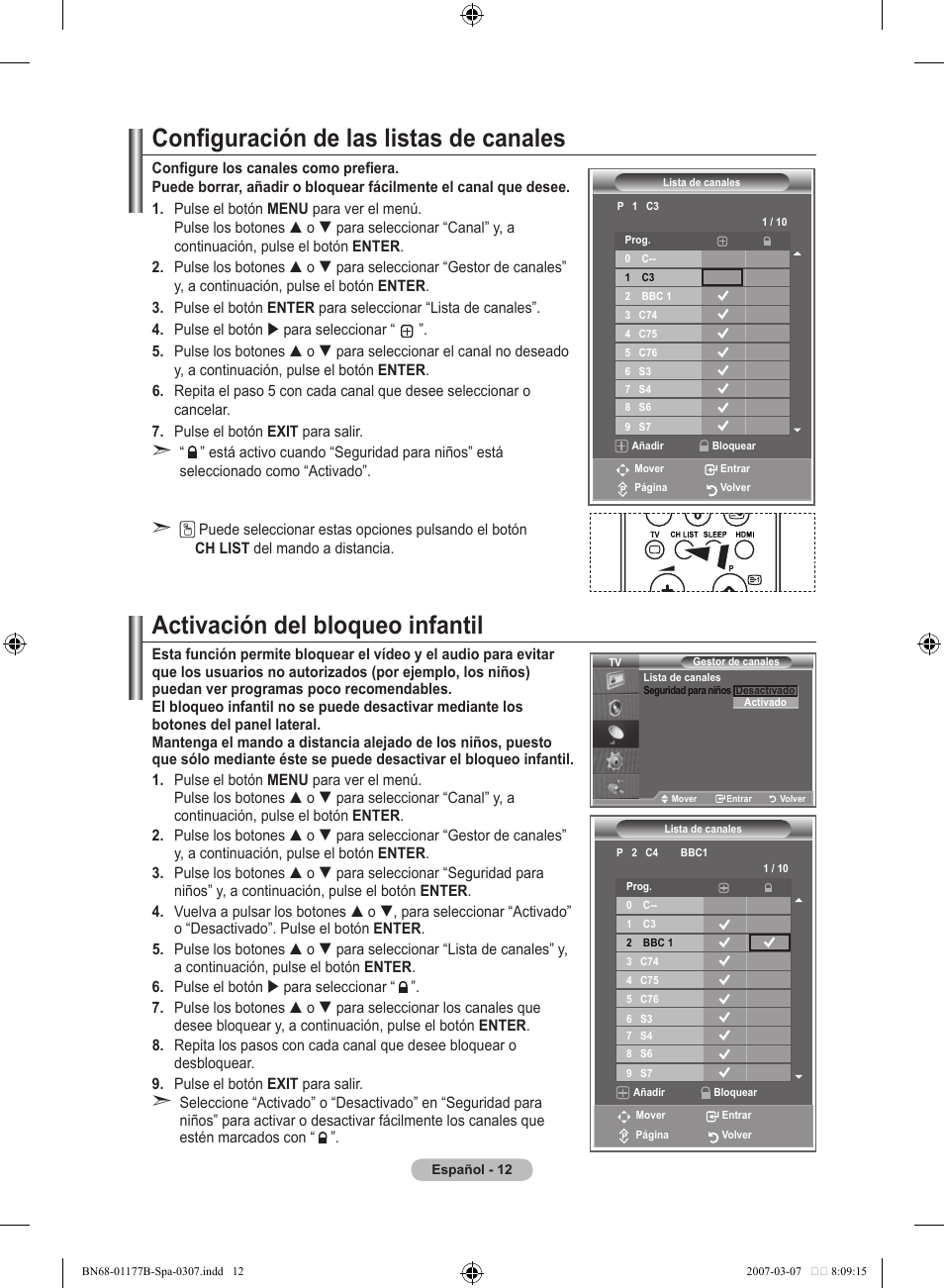 Configuración de las listas de canales, Activación del bloqueo infantil | Samsung LE32R81B User Manual | Page 212 / 482