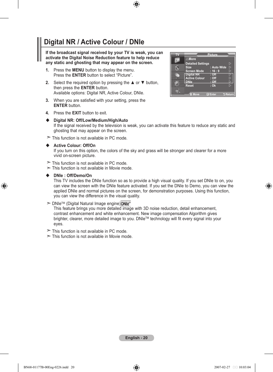 Digital nr / active colour / dnie | Samsung LE32R81B User Manual | Page 22 / 482