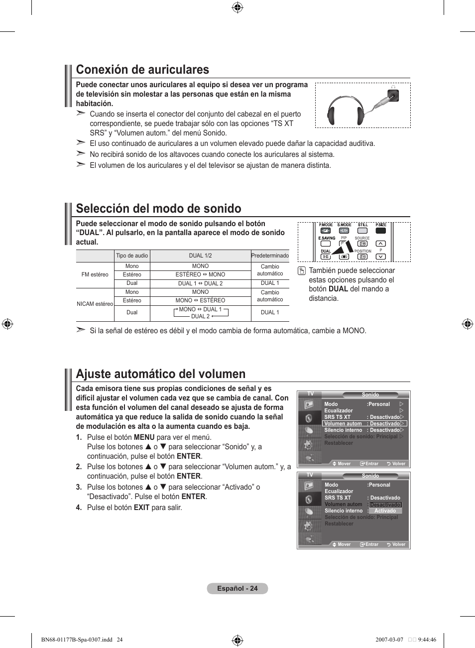 Conexión de auriculares, Selección del modo de sonido, Ajuste automático del volumen | Samsung LE32R81B User Manual | Page 224 / 482