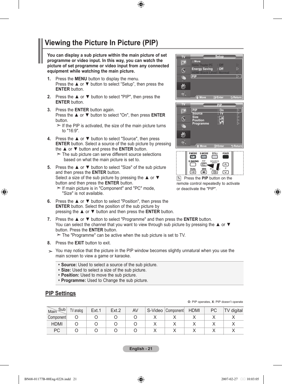 Viewing the picture in picture (pip), Pip settings | Samsung LE32R81B User Manual | Page 23 / 482