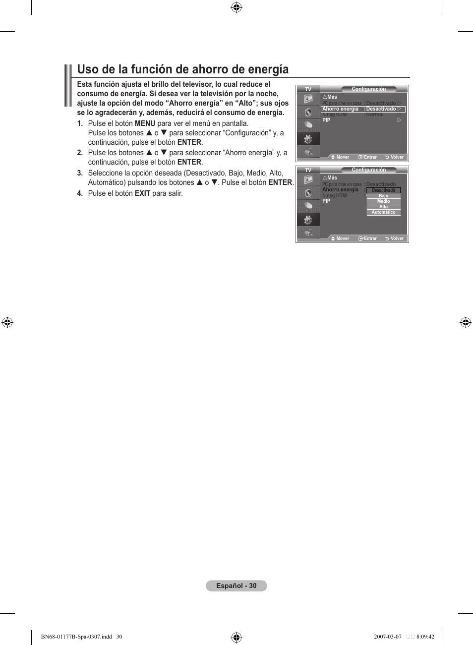 Uso de la función de ahorro de energía | Samsung LE32R81B User Manual | Page 230 / 482