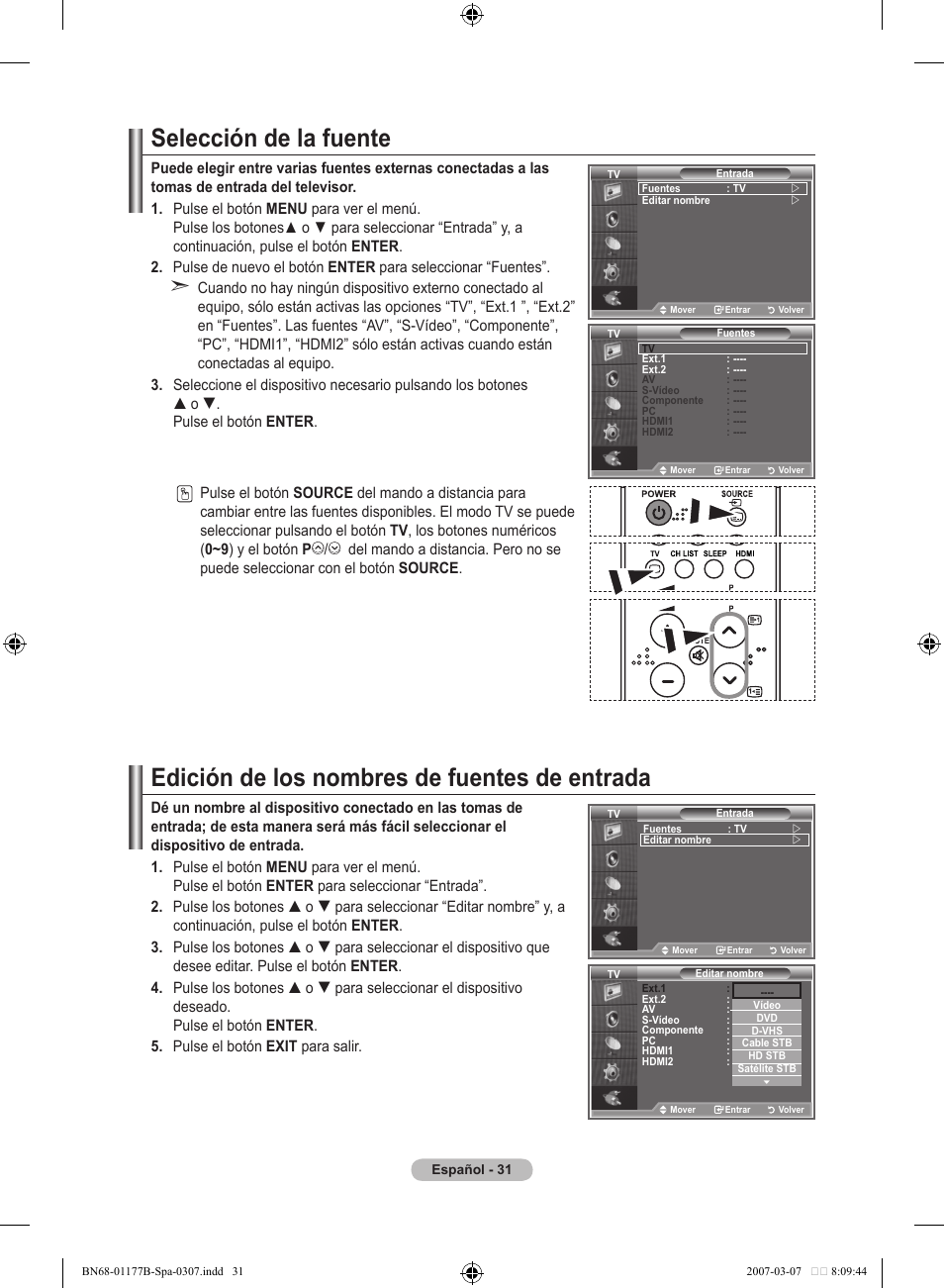 Selección de la fuente, Edición de los nombres de fuentes de entrada | Samsung LE32R81B User Manual | Page 231 / 482