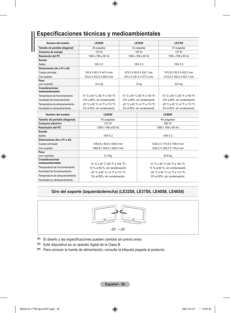 Especificaciones técnicas y medioambientales | Samsung LE32R81B User Manual | Page 238 / 482