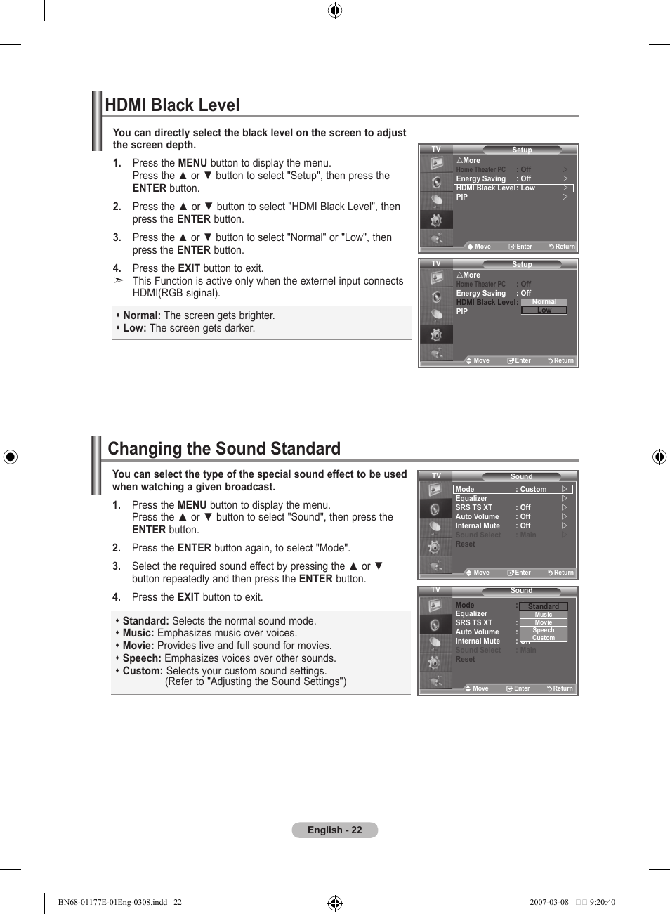 Hdmi black level, Setting the sound, Changing the sound standard | Samsung LE32R81B User Manual | Page 24 / 482