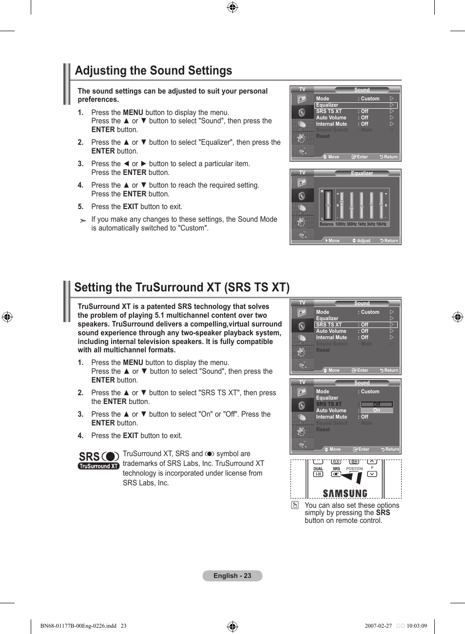 Adjusting the sound settings, Setting the trusurround xt (srs ts xt) | Samsung LE32R81B User Manual | Page 25 / 482