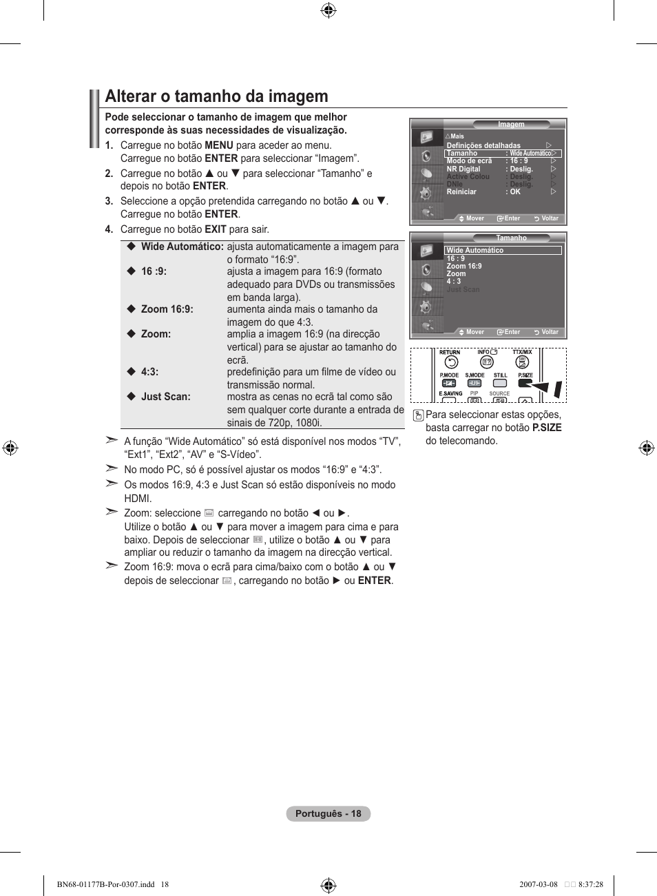 Alterar o tamanho da imagem | Samsung LE32R81B User Manual | Page 257 / 482