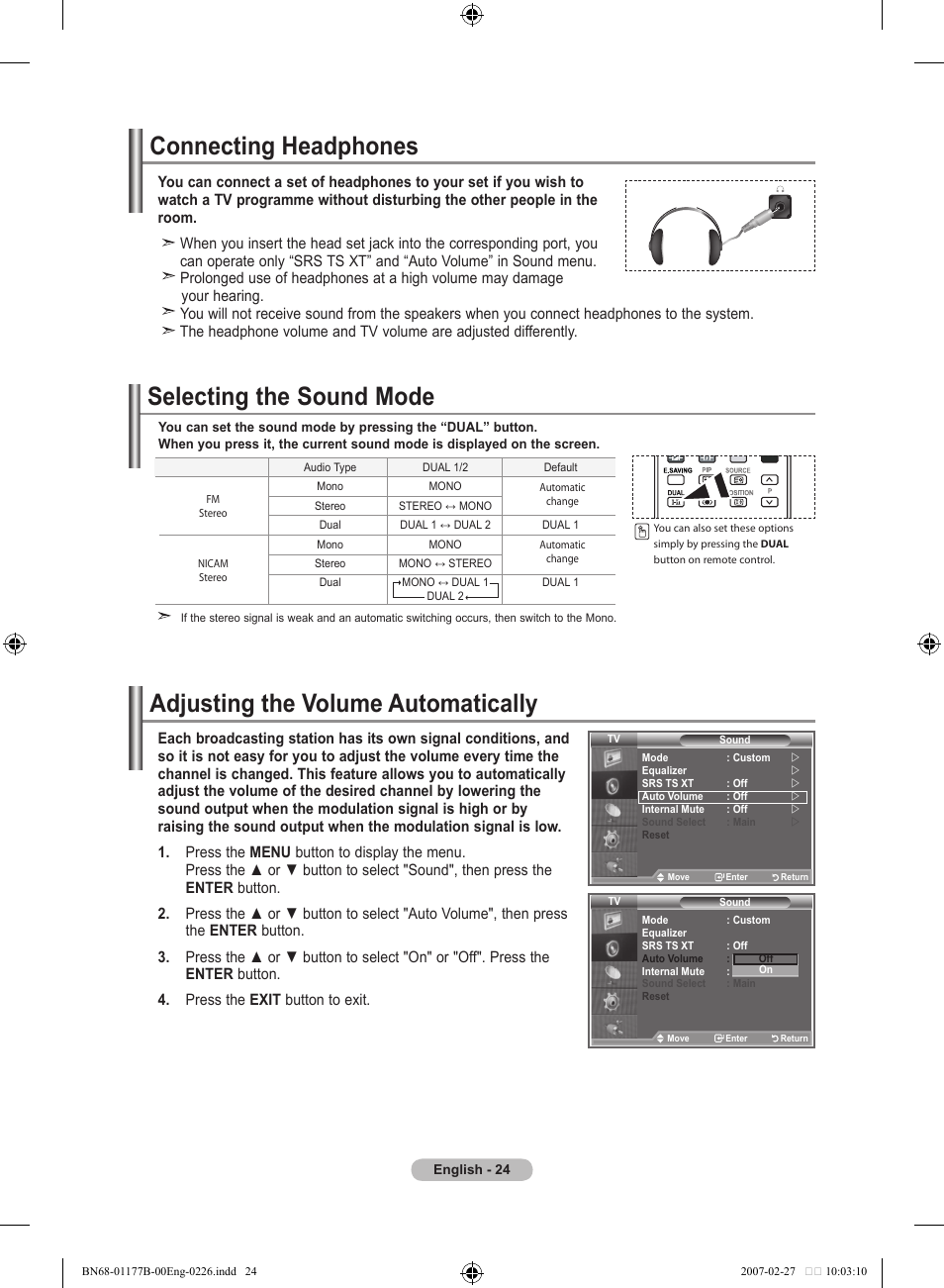 Connecting headphones, Selecting the sound mode, Adjusting the volume automatically | Connecting headphones selecting the sound mode | Samsung LE32R81B User Manual | Page 26 / 482