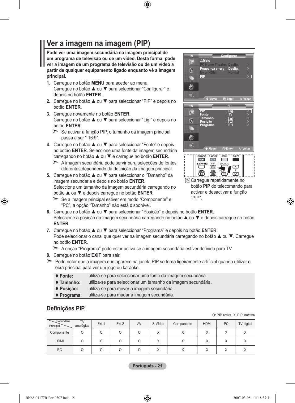 Ver a imagem na imagem (pip), Definições pip | Samsung LE32R81B User Manual | Page 260 / 482