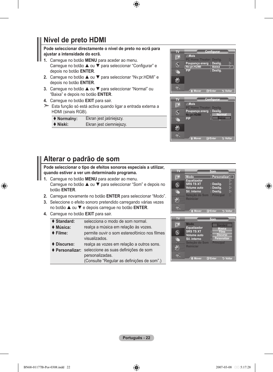 Nível de preto hdmi, Alterar o padrão de som | Samsung LE32R81B User Manual | Page 261 / 482