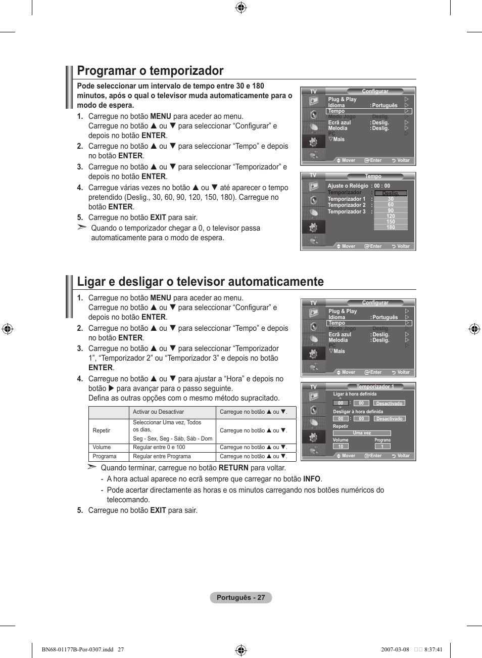 Programar o temporizador, Ligar e desligar o televisor automaticamente | Samsung LE32R81B User Manual | Page 266 / 482