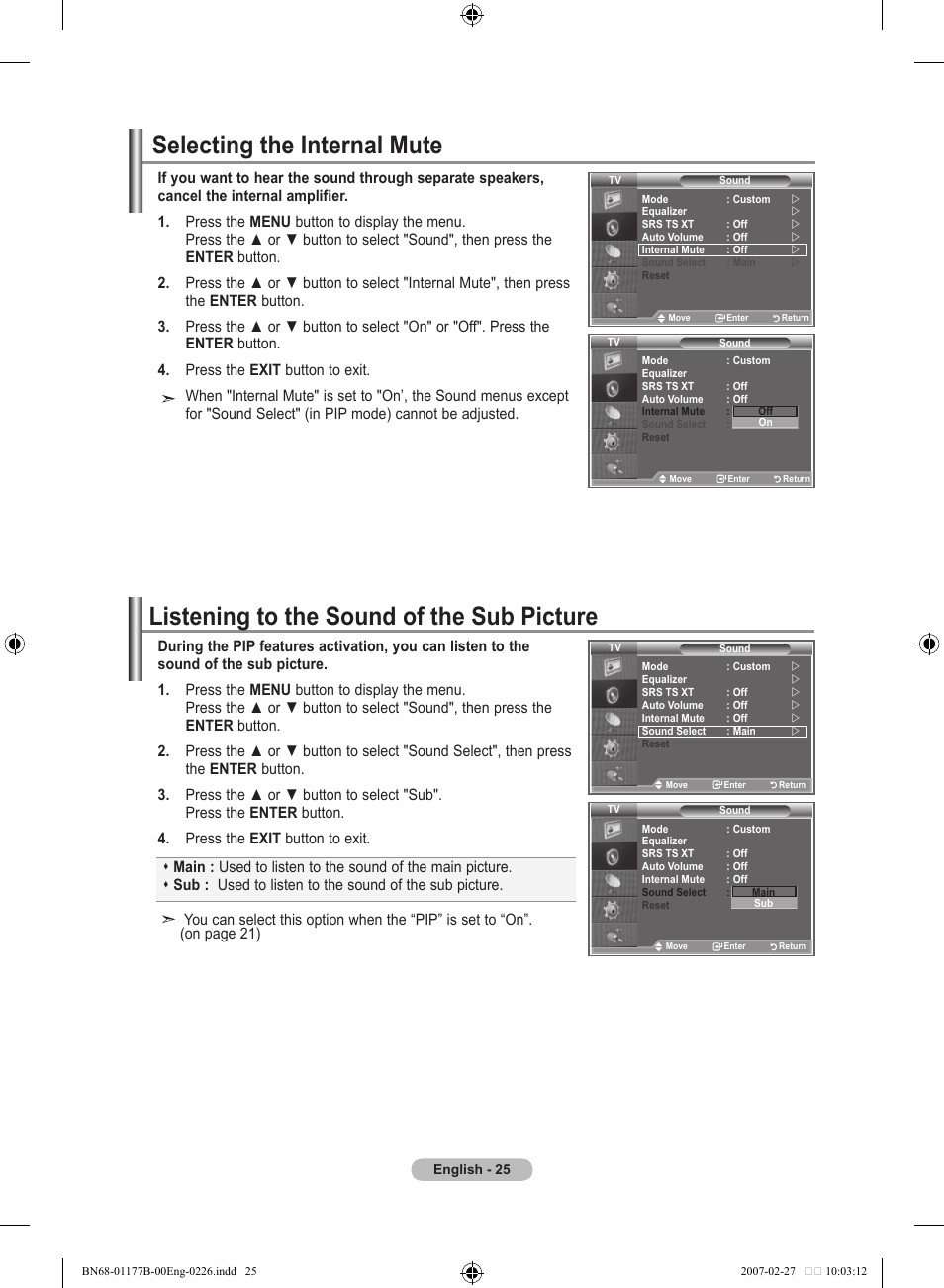 Selecting the internal mute, Listening to the sound of the sub picture | Samsung LE32R81B User Manual | Page 27 / 482