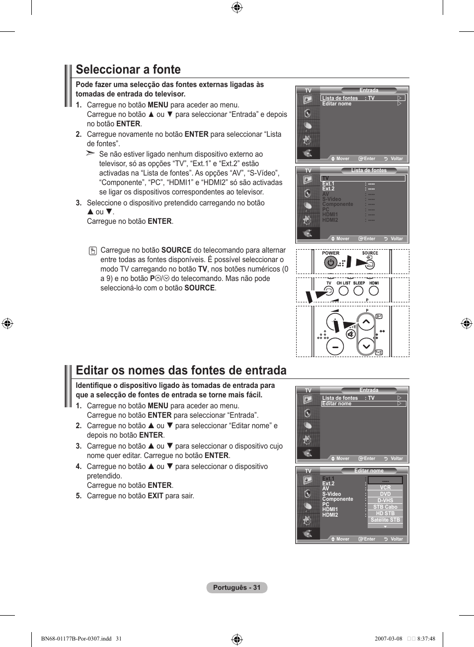 Seleccionar a fonte, Editar os nomes das fontes de entrada | Samsung LE32R81B User Manual | Page 270 / 482