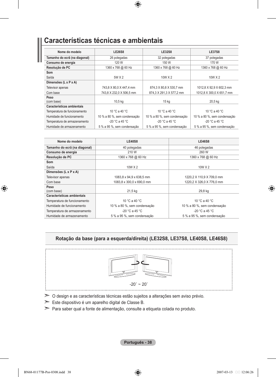 Características técnicas e ambientais | Samsung LE32R81B User Manual | Page 277 / 482