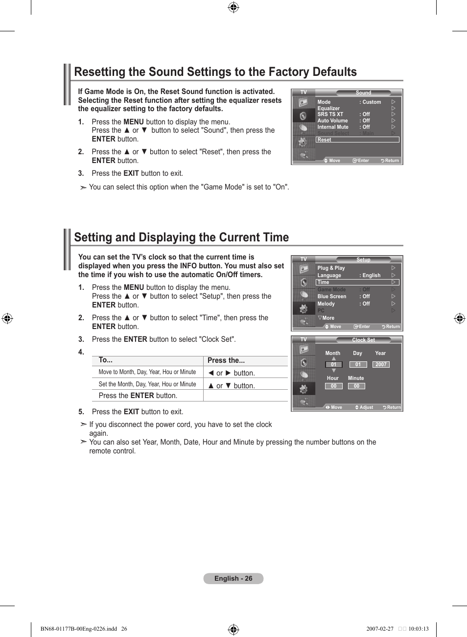 Setting the time, Setting and displaying the current time | Samsung LE32R81B User Manual | Page 28 / 482