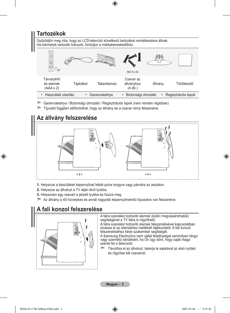 Tartozékok, Az állvány felszerelése, A fali konzol felszerelése | Samsung LE32R81B User Manual | Page 281 / 482