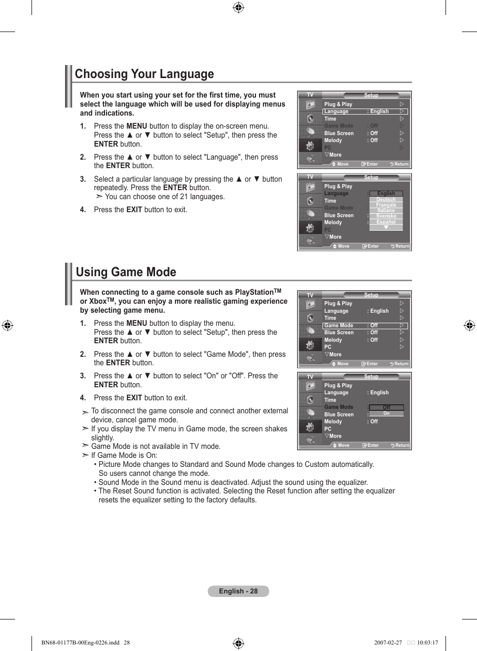 Function description, Choosing your language, Using game mode | Samsung LE32R81B User Manual | Page 30 / 482