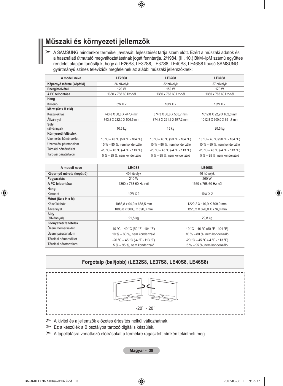 Műszaki és környezeti jellemzők | Samsung LE32R81B User Manual | Page 317 / 482