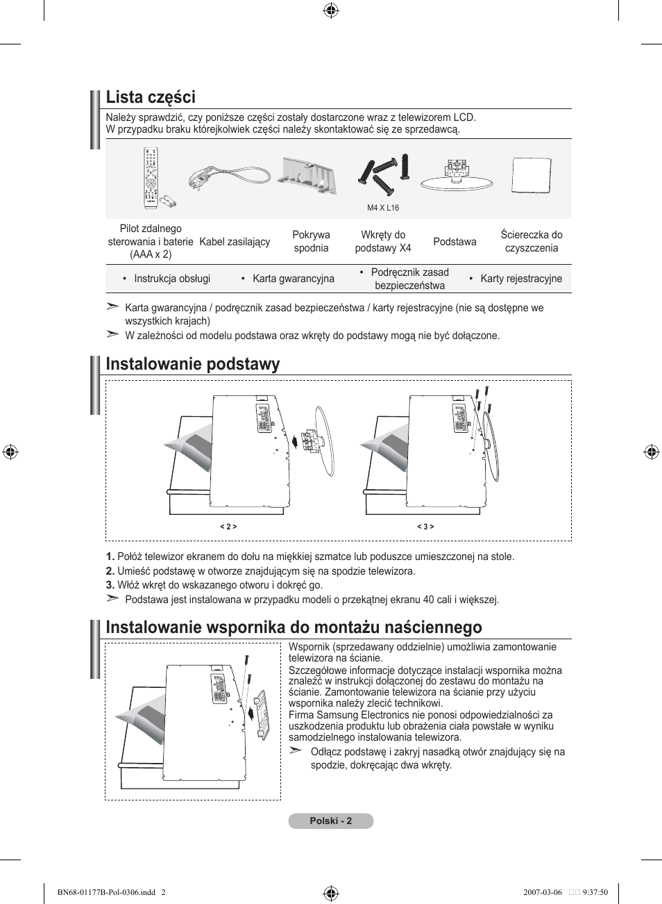 Lista części, Instalowanie podstawy, Instalowanie wspornika do montażu naściennego | Samsung LE32R81B User Manual | Page 321 / 482