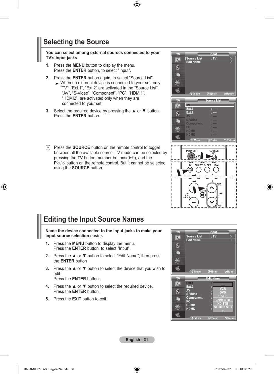 Selecting the source, Editing the input source names | Samsung LE32R81B User Manual | Page 33 / 482