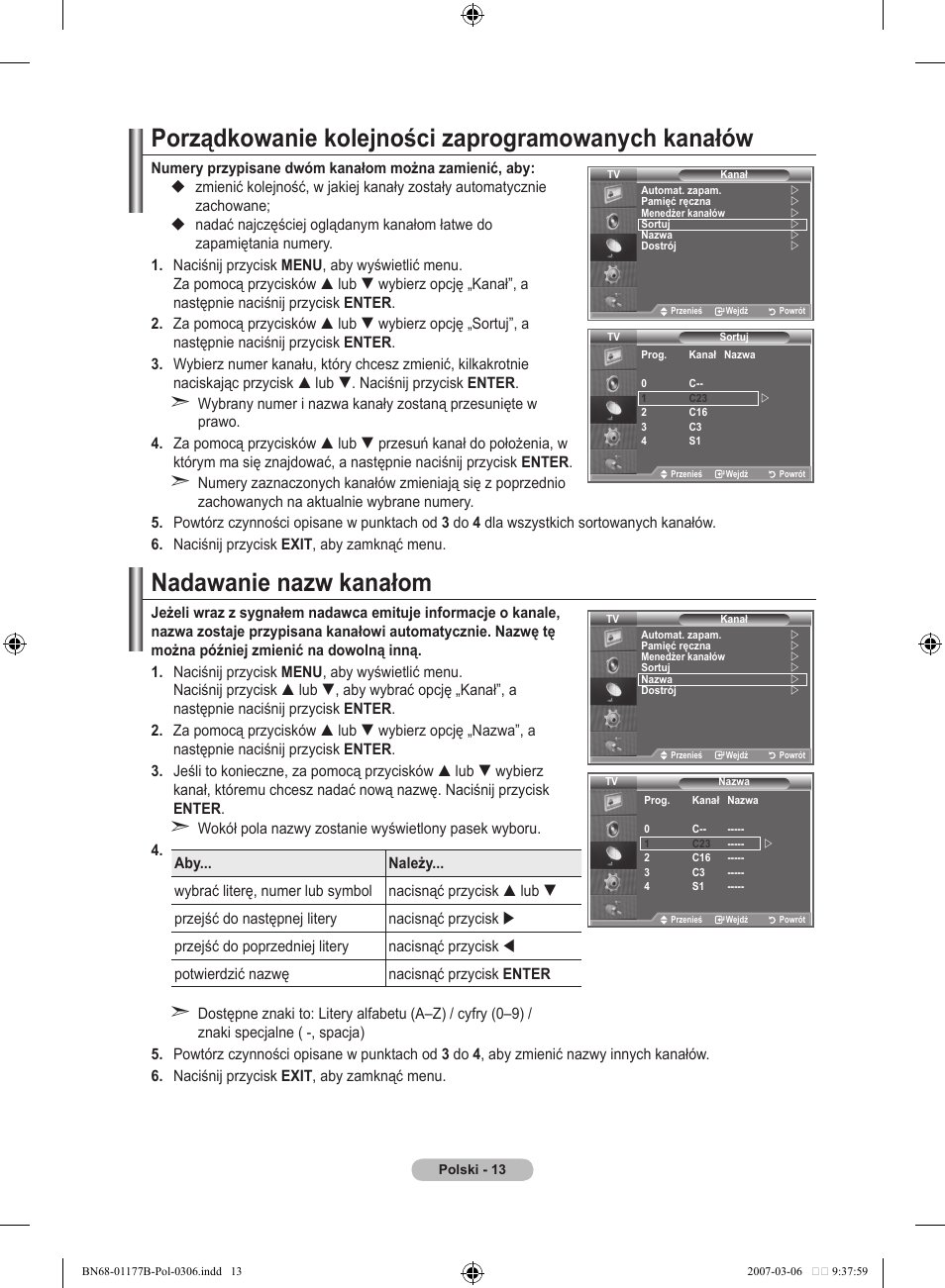 Porządkowanie kolejności zaprogramowanych kanałów, Nadawanie nazw kanałom | Samsung LE32R81B User Manual | Page 332 / 482