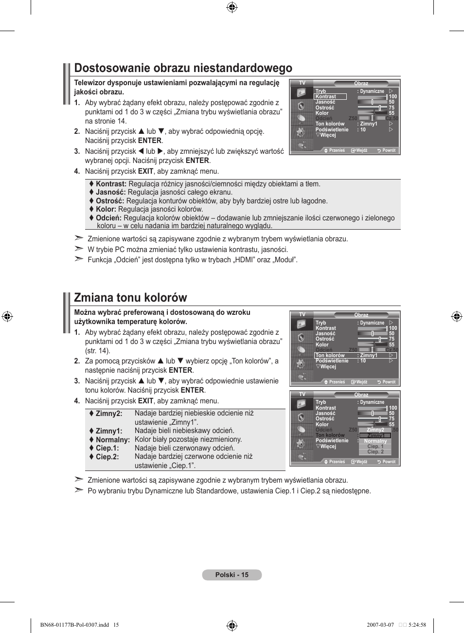 Dostosowanie obrazu niestandardowego, Zmiana tonu kolorów | Samsung LE32R81B User Manual | Page 334 / 482