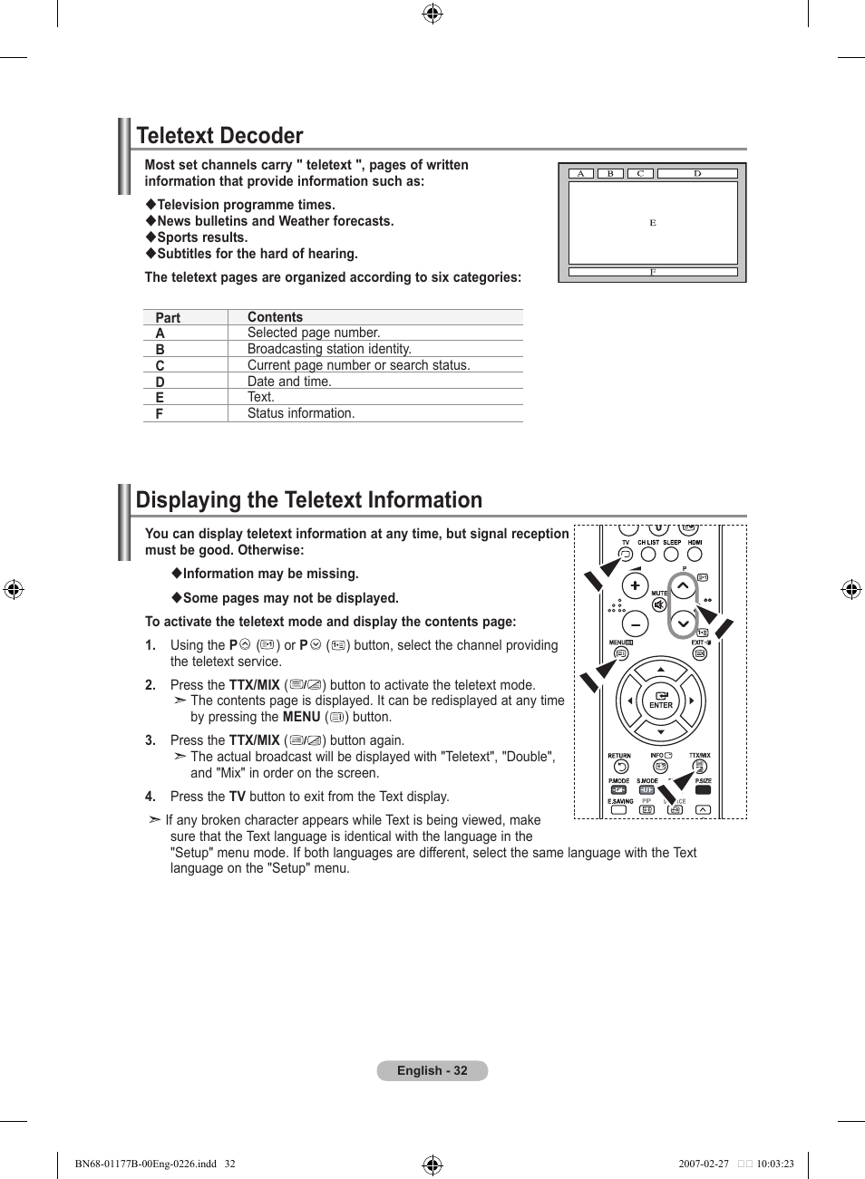 Using the teletext feature, Teletext decoder, Displaying the teletext information | Samsung LE32R81B User Manual | Page 34 / 482