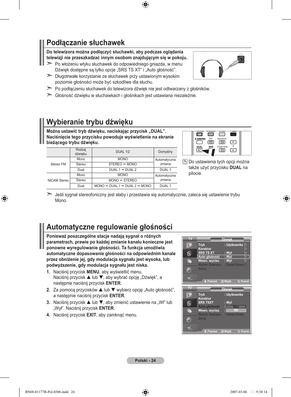 Podłączanie słuchawek, Wybieranie trybu dźwięku, Automatyczne regulowanie głośności | Samsung LE32R81B User Manual | Page 343 / 482