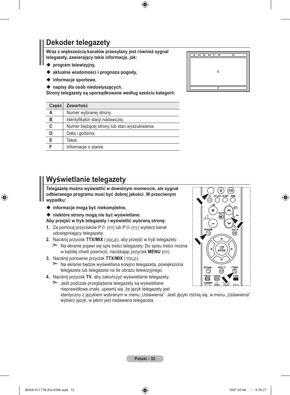 Dekoder telegazety, Wyświetlanie telegazety | Samsung LE32R81B User Manual | Page 351 / 482