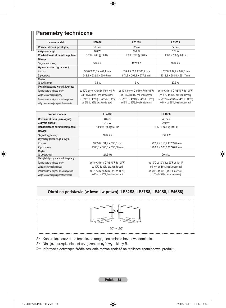 Parametry techniczne | Samsung LE32R81B User Manual | Page 357 / 482