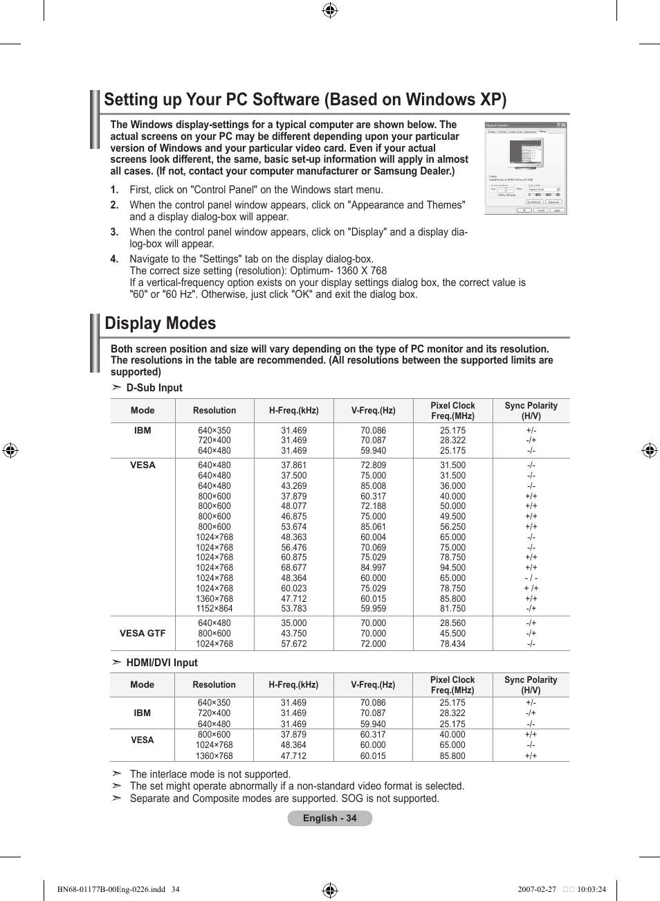 Setting the pc, Setting up your pc software (based on windows xp), Display modes | Samsung LE32R81B User Manual | Page 36 / 482