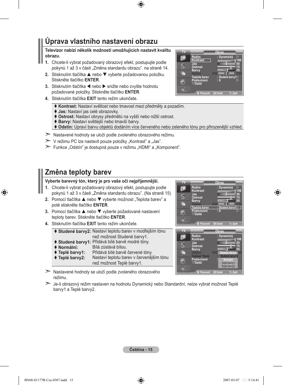 Úprava vlastního nastavení obrazu, Změna teploty barev | Samsung LE32R81B User Manual | Page 374 / 482