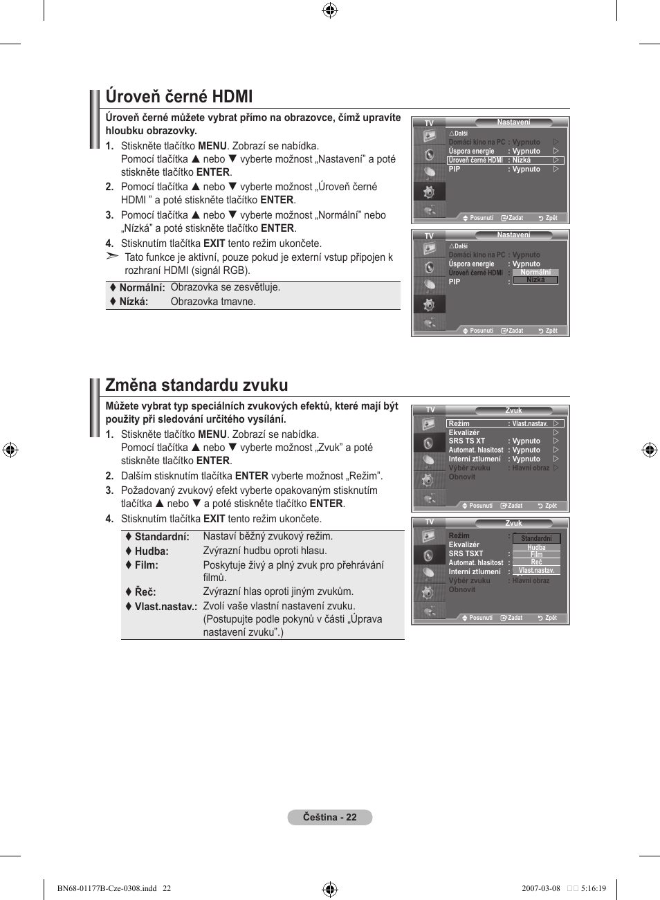 Úroveň černé hdmi, Změna standardu zvuku | Samsung LE32R81B User Manual | Page 381 / 482