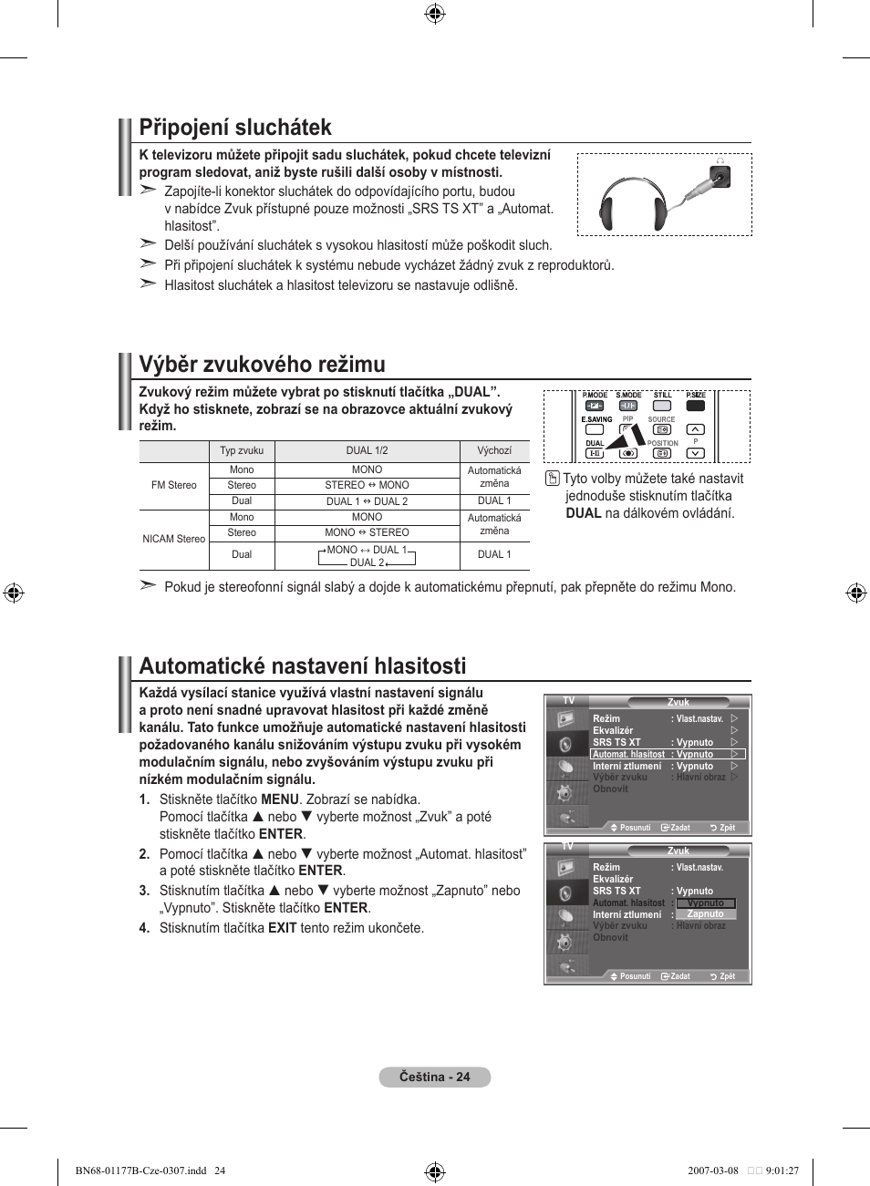 Připojení sluchátek, Výběr zvukového režimu, Automatické nastavení hlasitosti | Samsung LE32R81B User Manual | Page 383 / 482