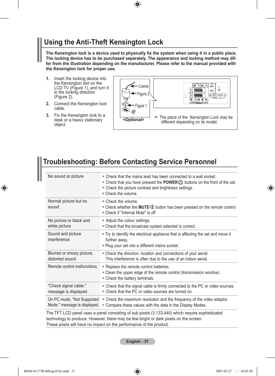 Using the anti-theft kensington lock | Samsung LE32R81B User Manual | Page 39 / 482