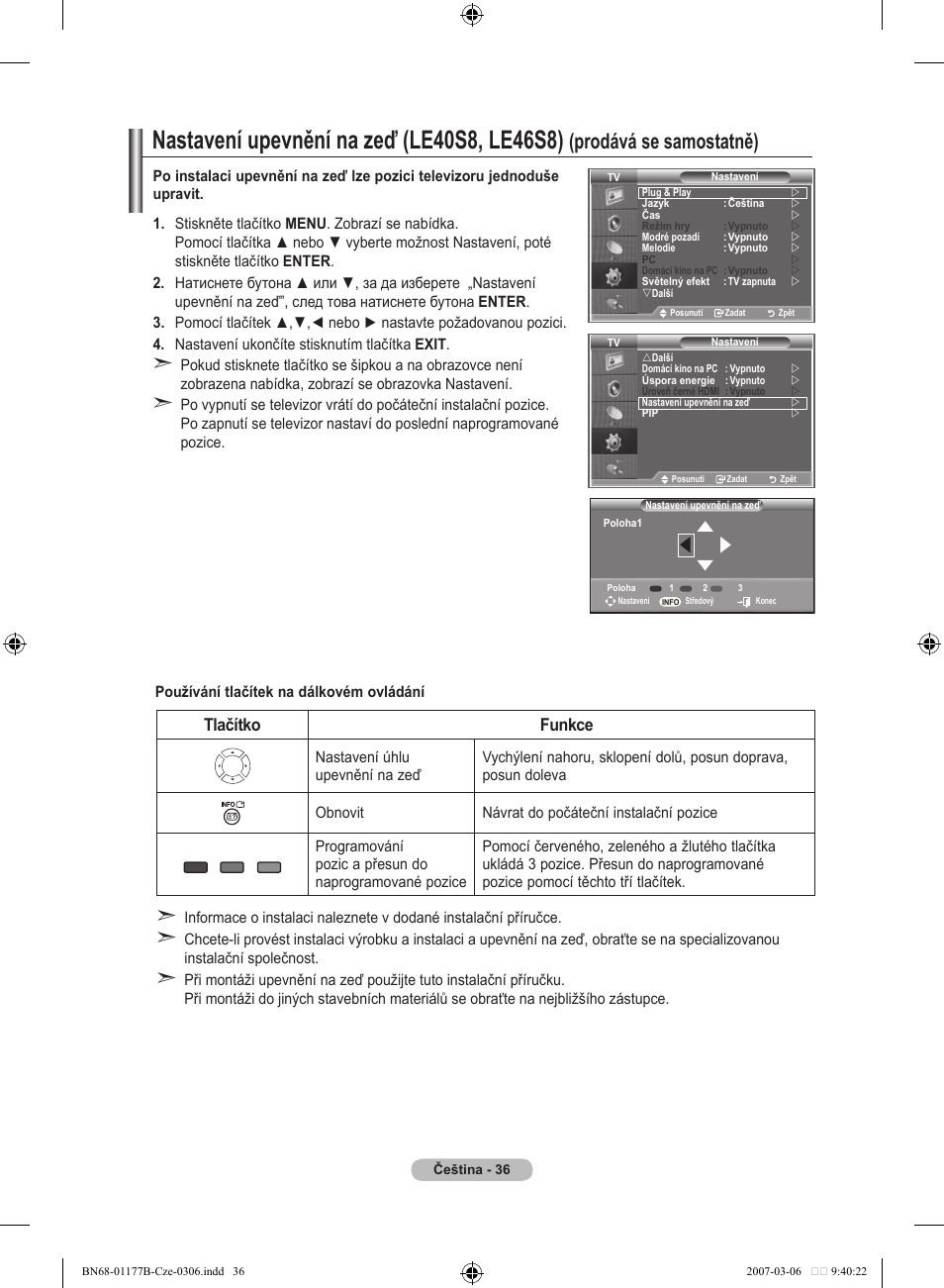 Nastavení upevnění na zeď (le0s, les), Prodává se samostatně), Tlačítko funkce | Samsung LE32R81B User Manual | Page 395 / 482