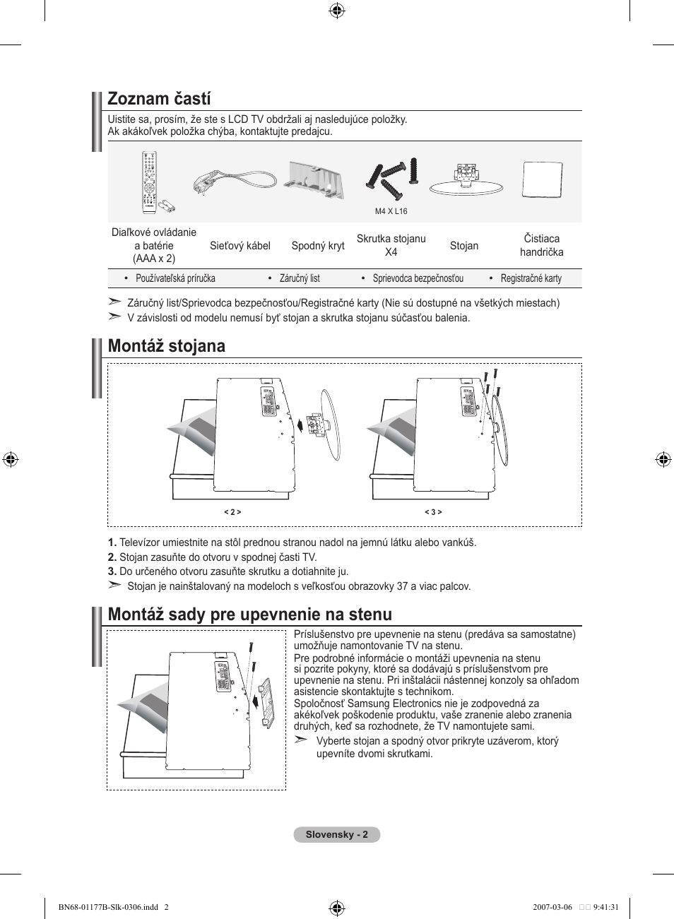 Zoznam častí, Montáž stojana, Montáž sady pre upevnenie na stenu | Samsung LE32R81B User Manual | Page 401 / 482