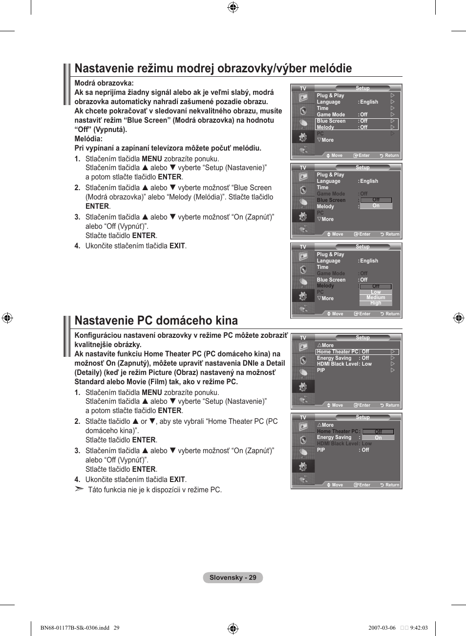 Nastavenie režimu modrej obrazovky/výber melódie, Nastavenie pc domáceho kina | Samsung LE32R81B User Manual | Page 428 / 482