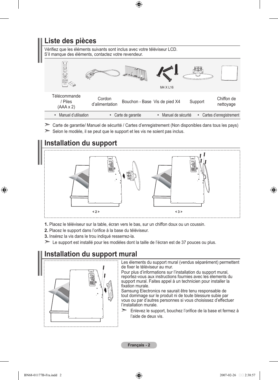 Liste des pièces, Installation du support, Installation du support mural | Samsung LE32R81B User Manual | Page 44 / 482