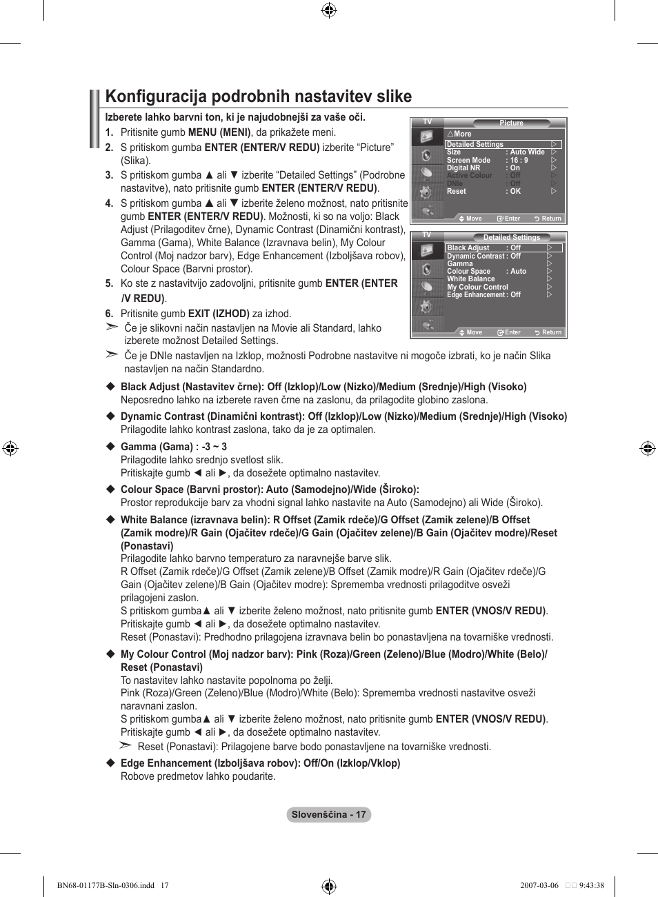 Konfiguracija podrobnih nastavitev slike | Samsung LE32R81B User Manual | Page 456 / 482