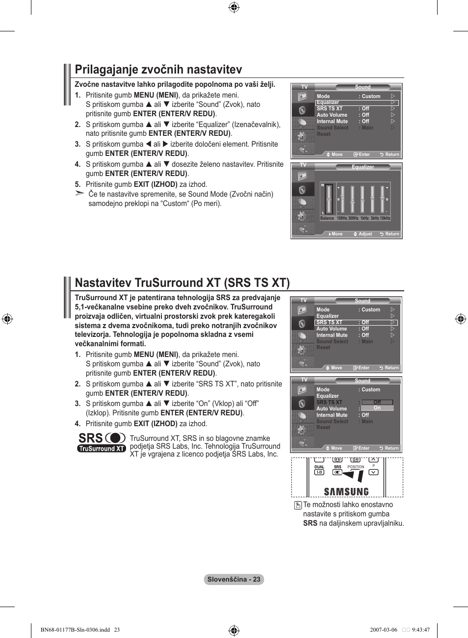 Prilagajanje zvočnih nastavitev, Nastavitev trusurround xt (srs ts xt) | Samsung LE32R81B User Manual | Page 462 / 482