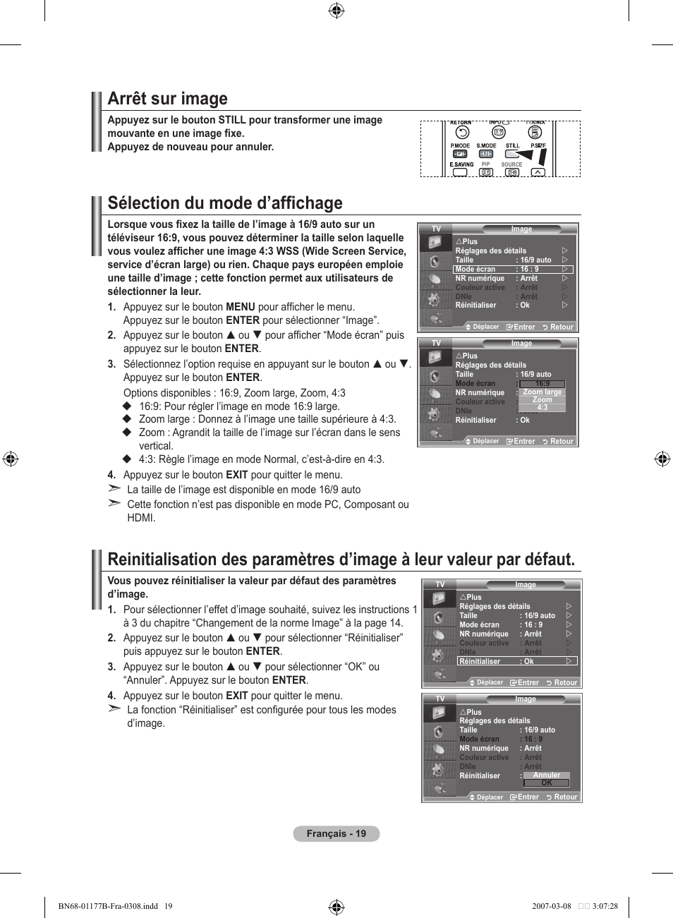 Arrêt sur image, Sélection du mode d’affichage | Samsung LE32R81B User Manual | Page 61 / 482