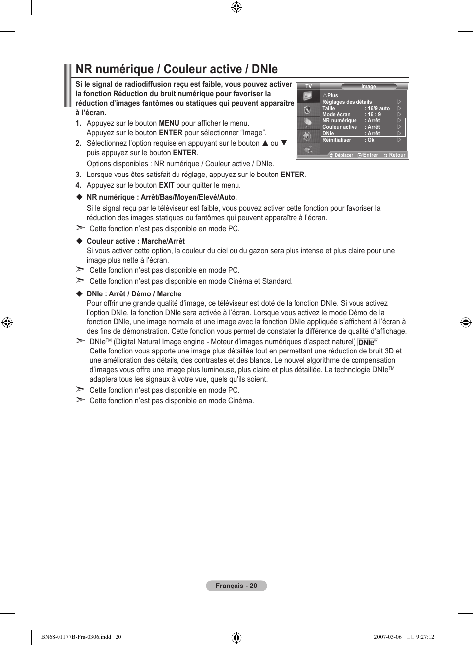 Nr numérique / couleur active / dnie | Samsung LE32R81B User Manual | Page 62 / 482